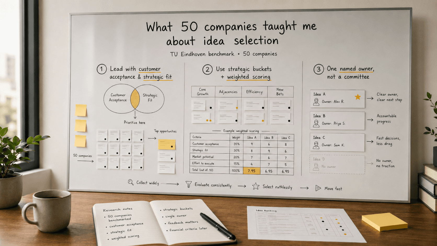 idea selection criteria, innovation prioritization, idea evaluation methodology, front end of innovation, weighted scoring innovation, idea management best practices , strategic buckets innovation